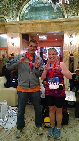 Music instructors Chris Corpus and Jason Landes ready themselves for the Chicago Half Marathon.  This was Landes first time running at the popular destination. 