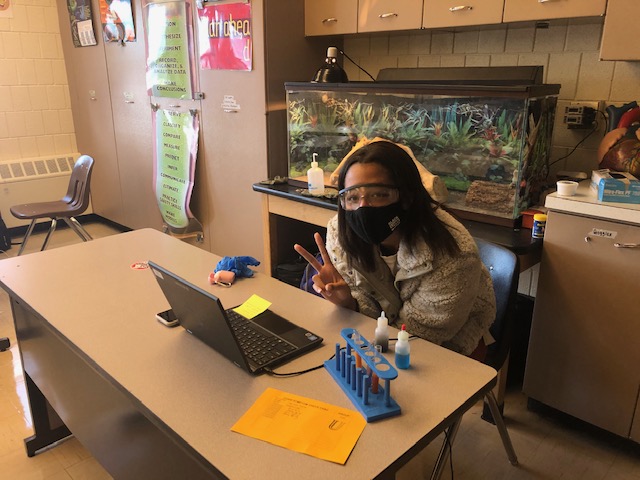 Since the return to blended learning, freshmen like Rachel Ogunleye have been able to participate in Biology labs.