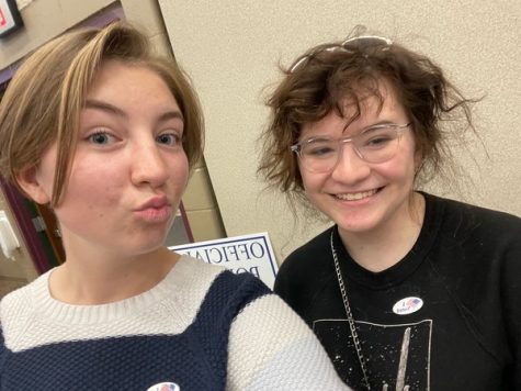 First time voters, Emma Bottomley and Layla Brown, celebrated casting their ballot with a quick pic to government teacher, Kate Pole.