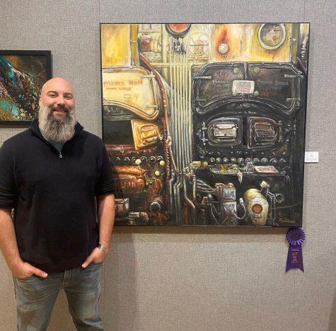 Mr. Wilen stands in front of his winning piece, Firebox | 48 x 48 | Oil on Canvas | 2020-2022